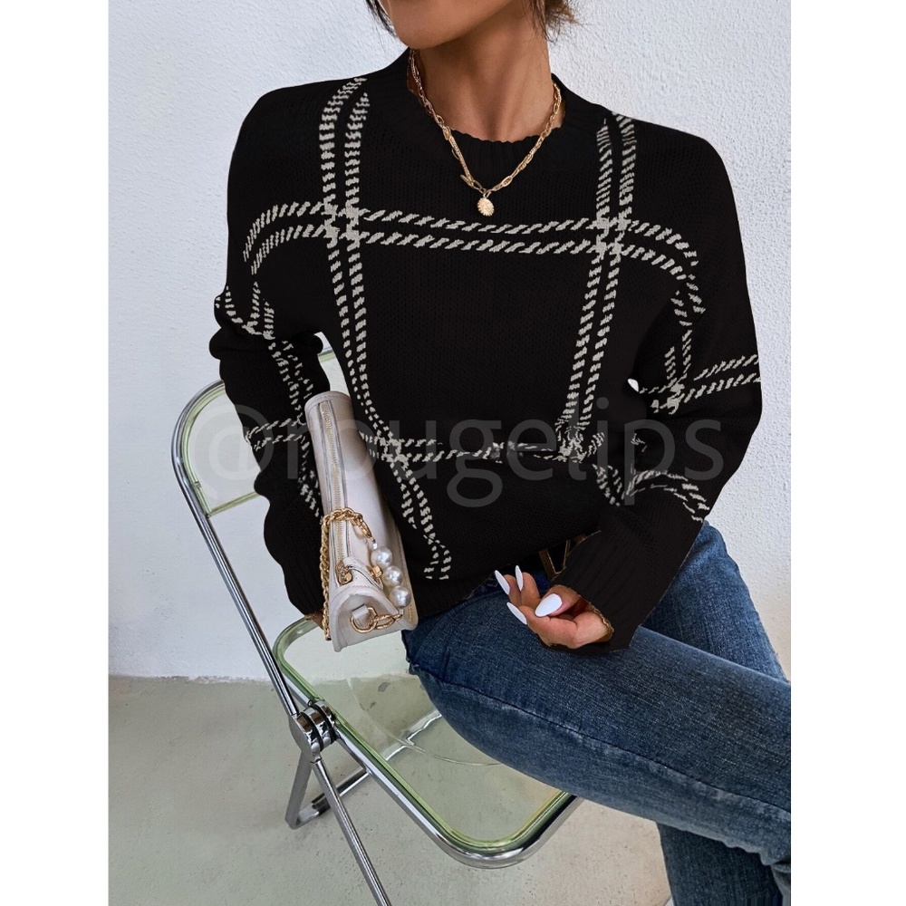 Grid Plaid Pattern Black Knit Crew Neck Pullover Sweater - Picture 3 of 9